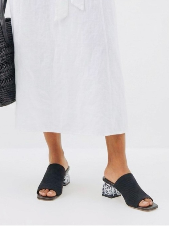 Deltan Shoes - Deltan Frankie Ribbed Stretch Knit Black White Block Heel Sandals Coastal 10